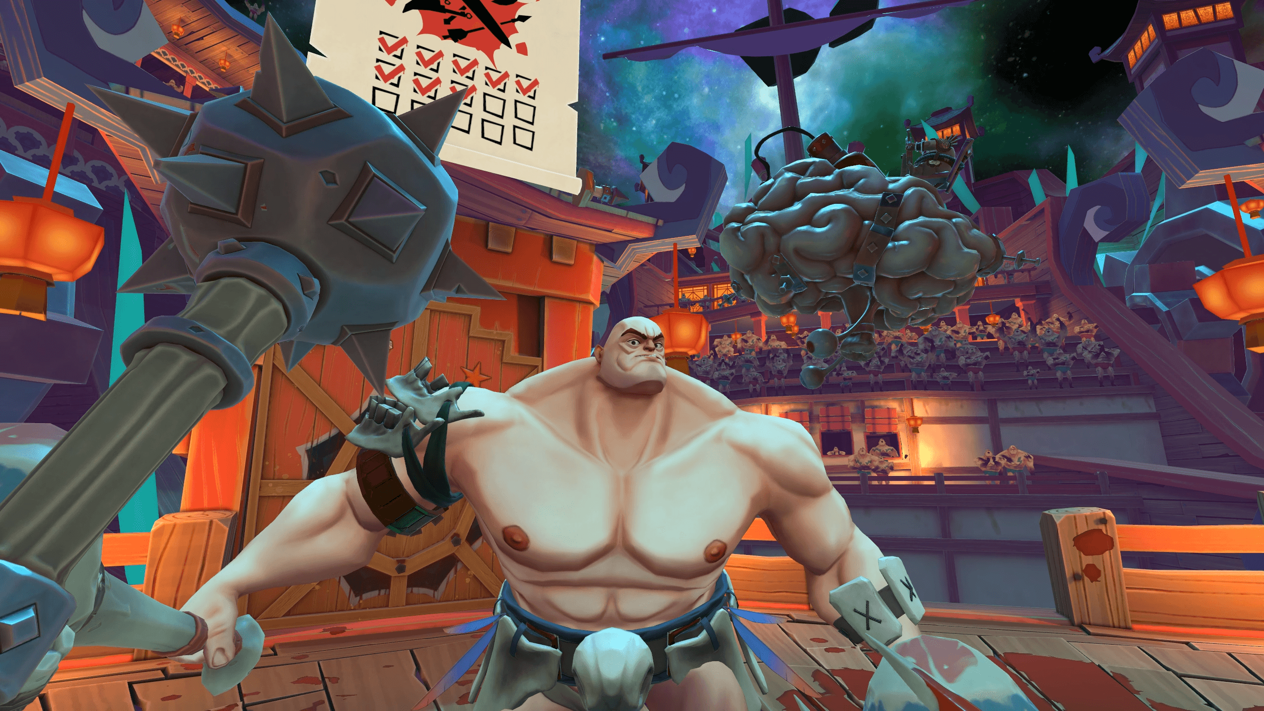 GORN 2 screenshot of facing an enemy with a mace in one hand, while a large floating brain with dangling eyeballs hovers in the back
