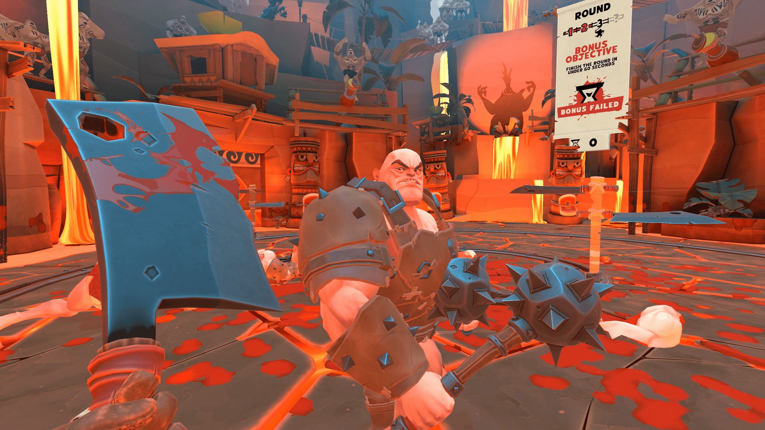 GORN 2 screenshot of holding a with a meat cleaver in one hand, while facing off against an enemy wearing armor and dual wielding maces