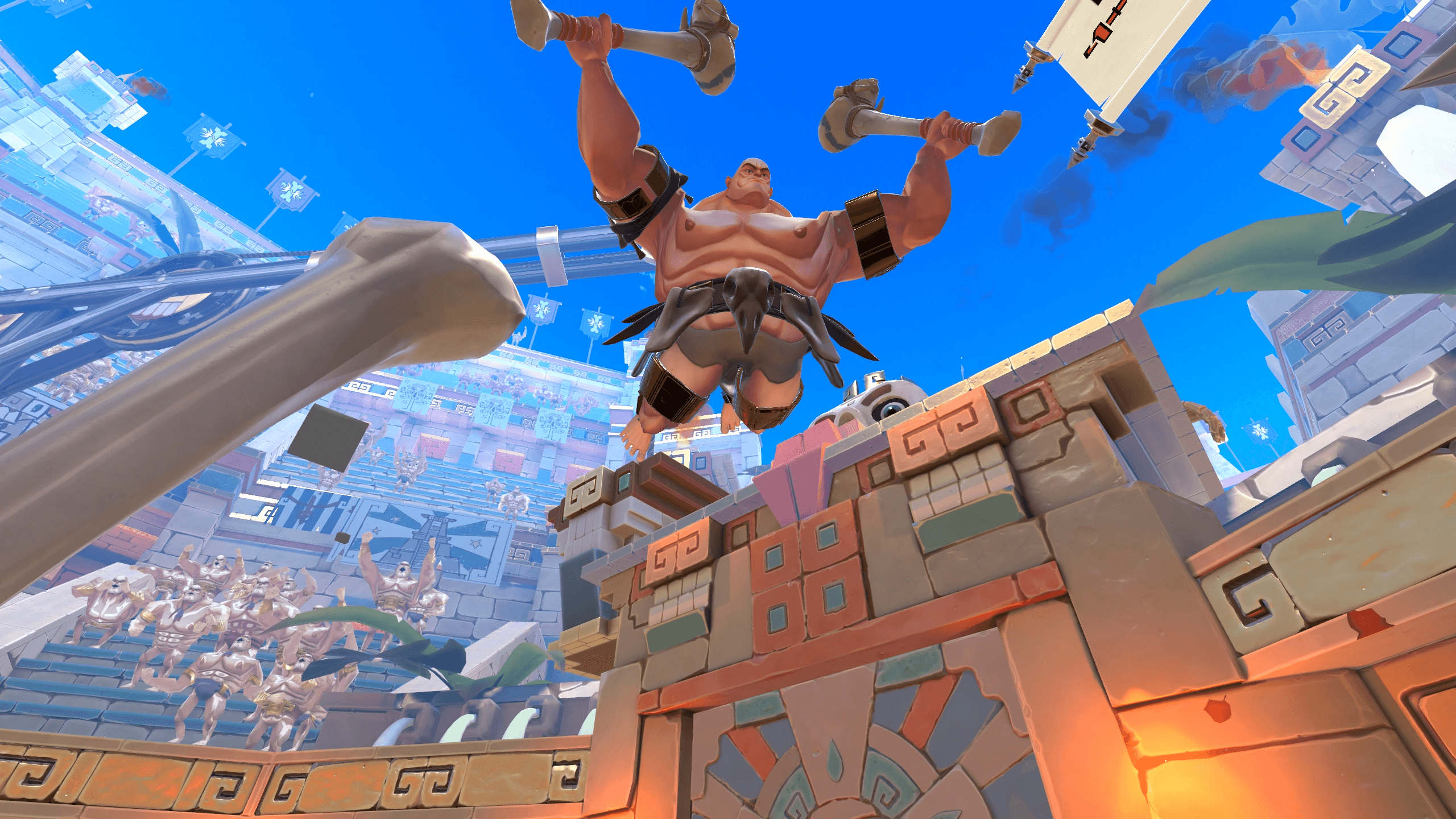 GORN 2 screenshot of an enemy gladiator ground-pounding while holding two large bones as weapons