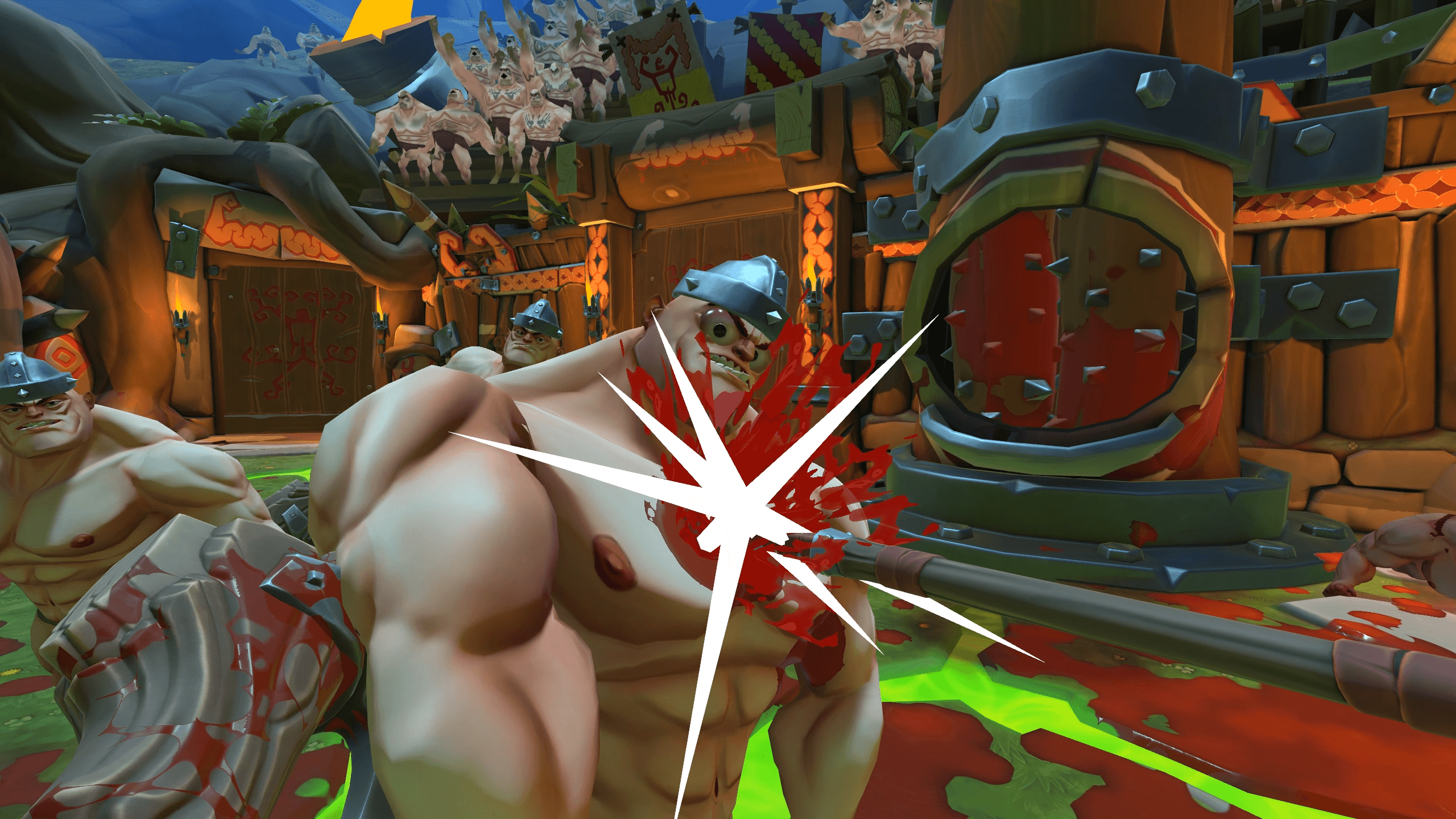 GORN 2 screenshot of an enemy being pierced with a spear weapon in the gladiator arena
