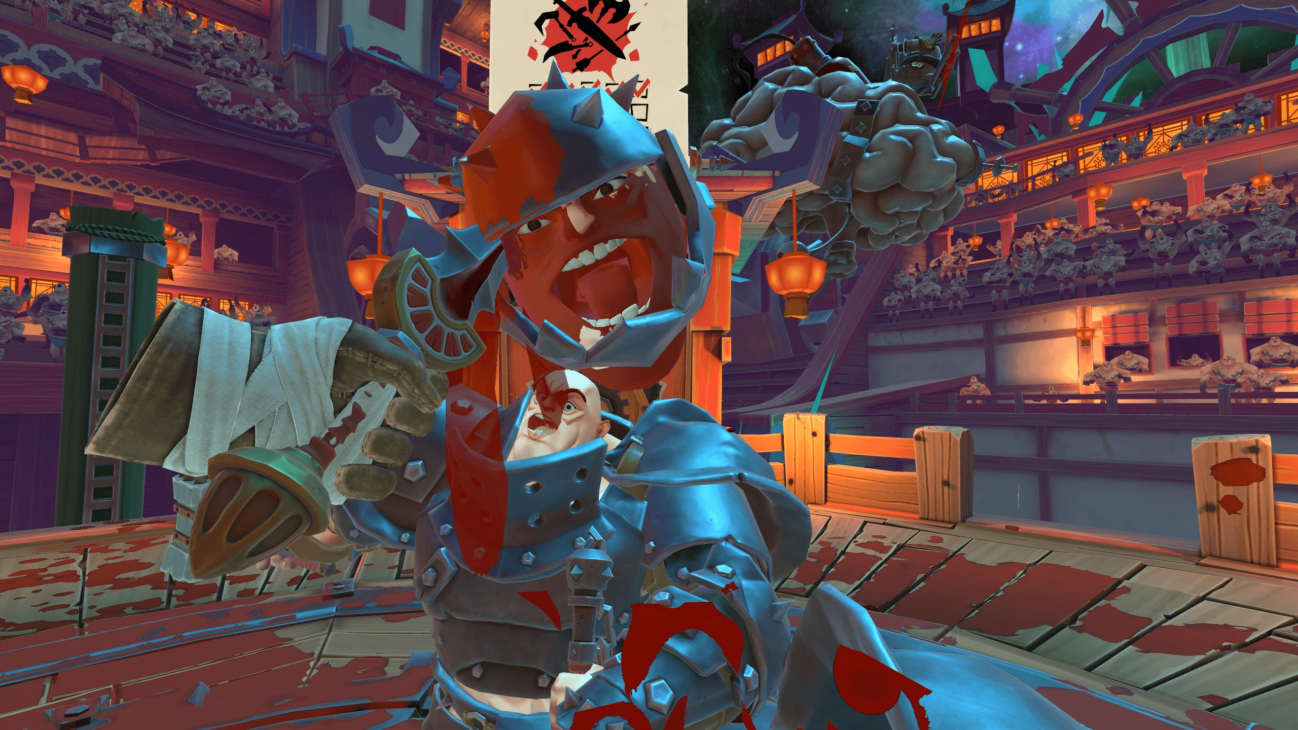 GORN 2 screenshot with an impaled head of an enemy gladiator on a sword, with another enemy charging towards the screen from the back