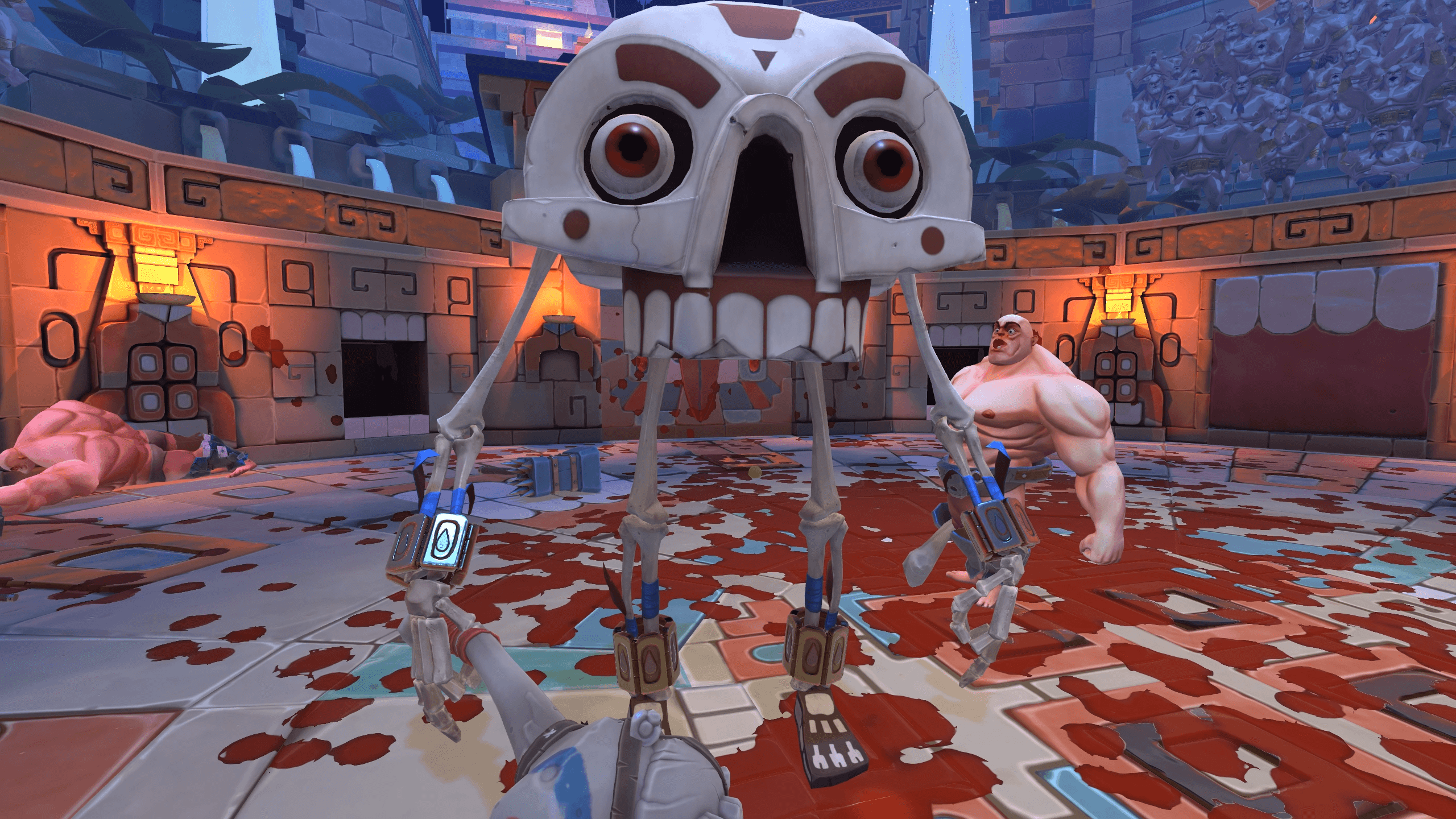 GORN 2 screenshot of a large skeletal construct entering the gladiator arena which is covered in blood and gore