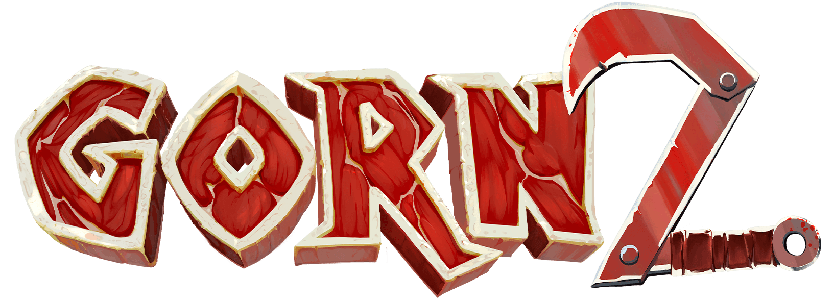 GORN 2 logo; the words are designed to look like fatty, muscular, bony steaks, with the number "2" made out of a sickle with hinges