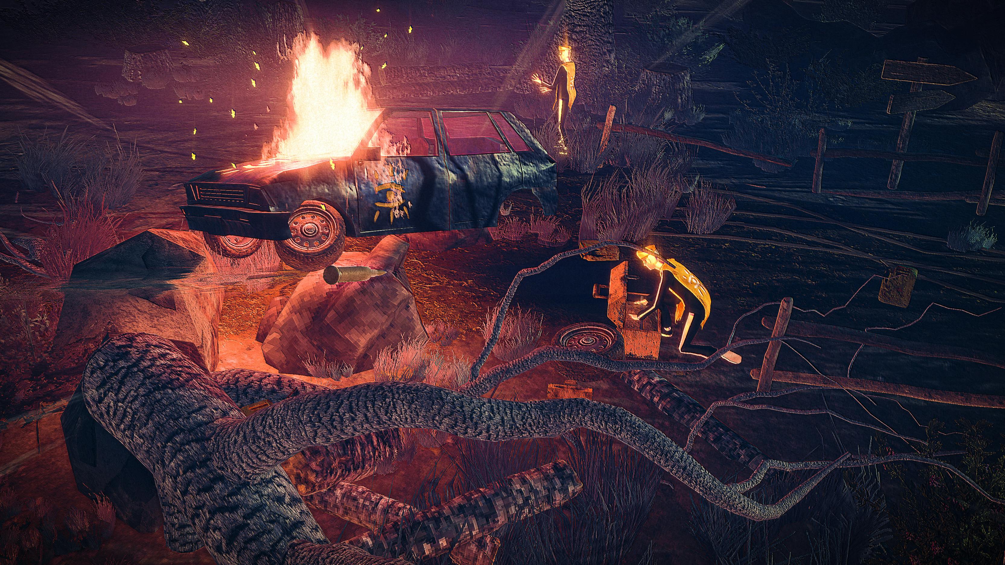 Children of the Sun screenshot of a henchman with a burning car stuck on a rock