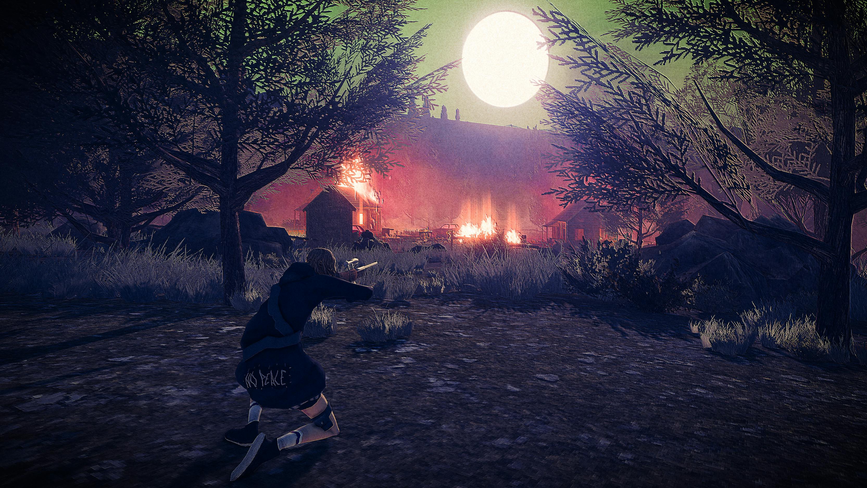Children of the Sun screenshot of THE GIRL aiming her rifle towards a collection of structures that are on fire