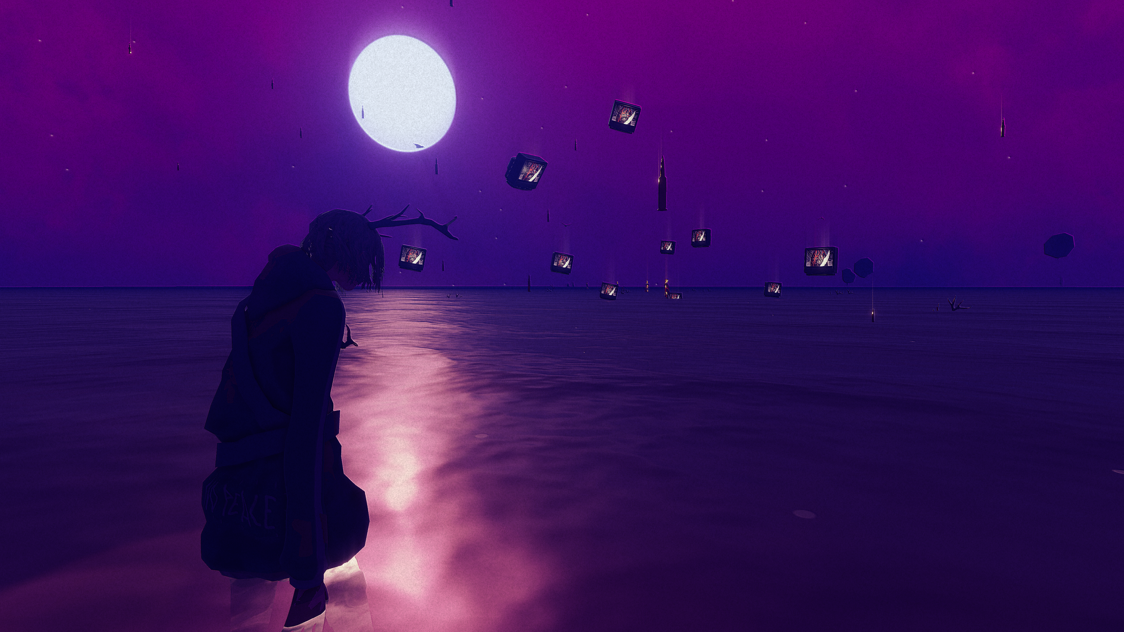 Children of the Sun screenshot of THE GIRL walking in water with floating televisions and bullets in the air under a full moon
