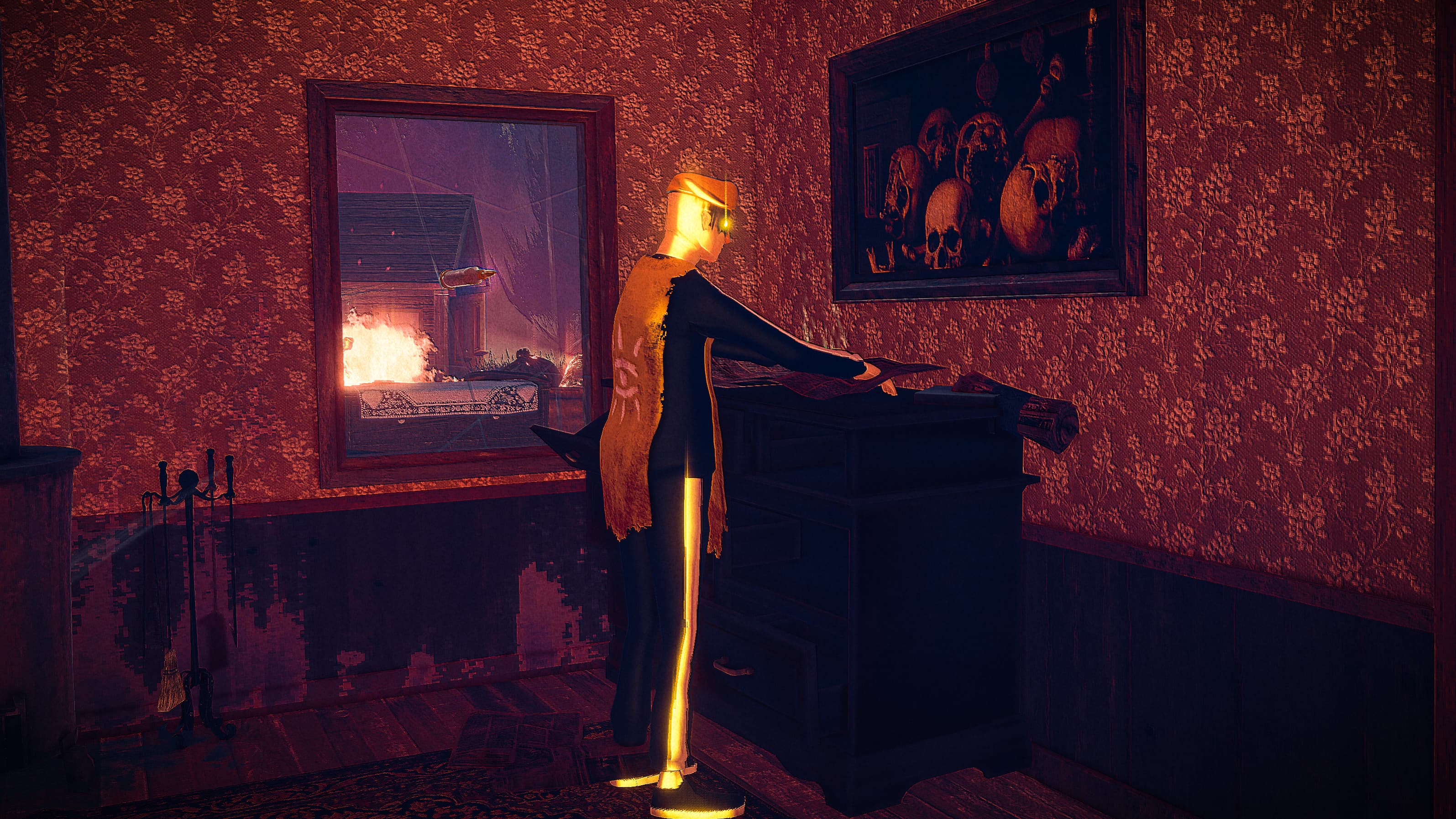 Children of the Sun screenshot of some cult members checking some papers with a bullet breaking through a window