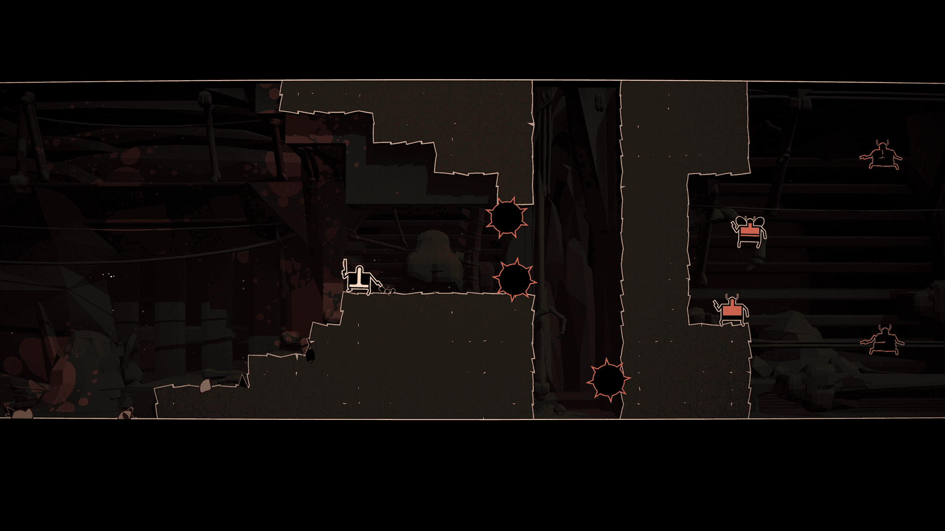 Screenshot of Shotgun Cop Man facing a level in hell with moving obstacles, flying and stationary devilspawn prepared to take him down