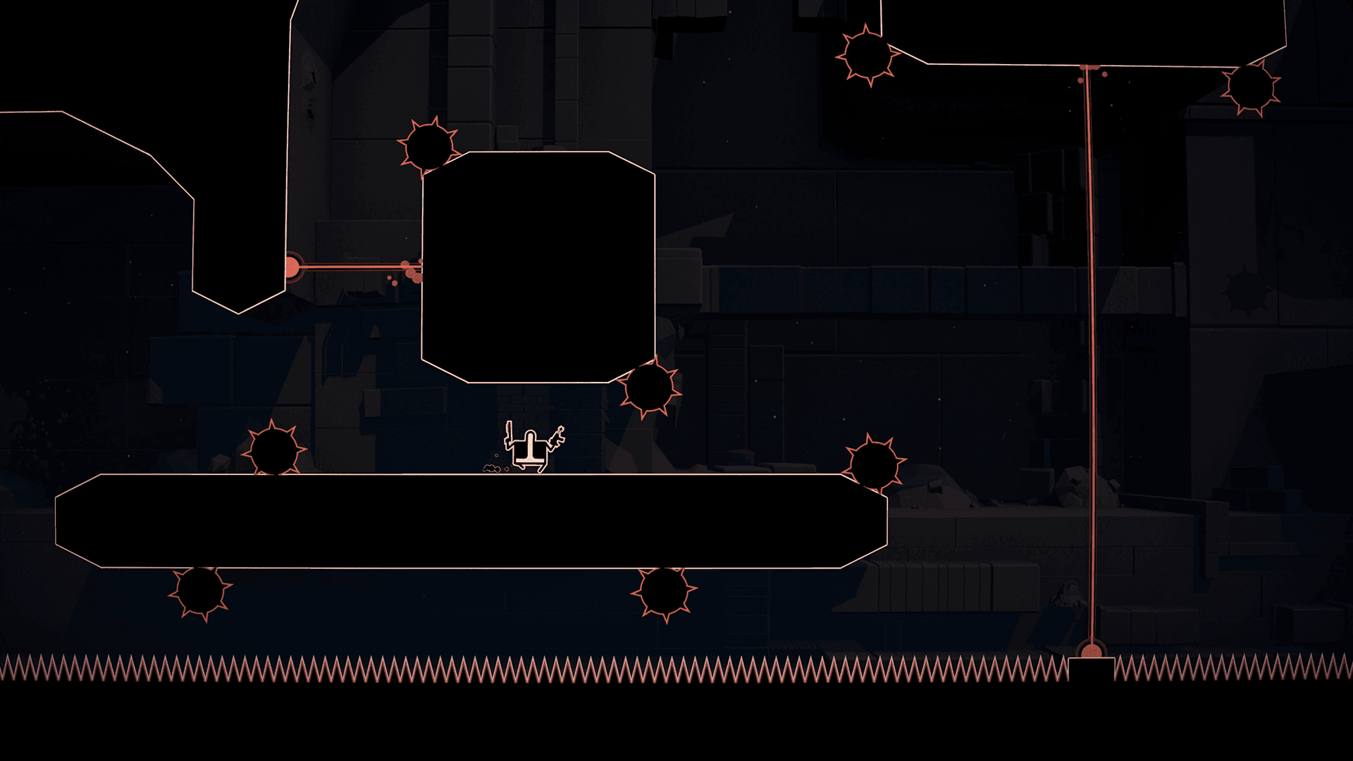 Screenshot of Shotgun Cop Man dodging rolling, spiky obstacles and moving toward a red laser