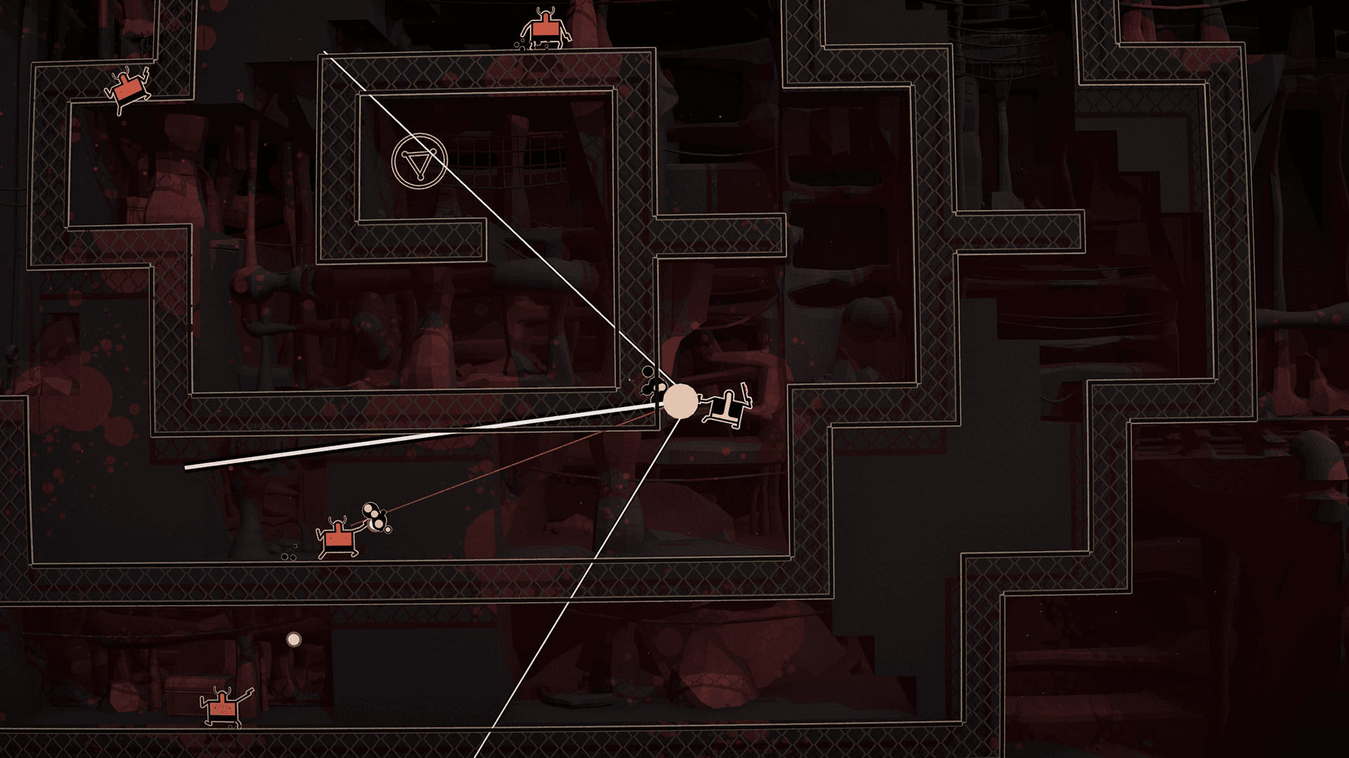 Screenshot of Shotgun Cop Man mid-air firing multiple shots in a labyrinthine level, while devilspawn take aim at him