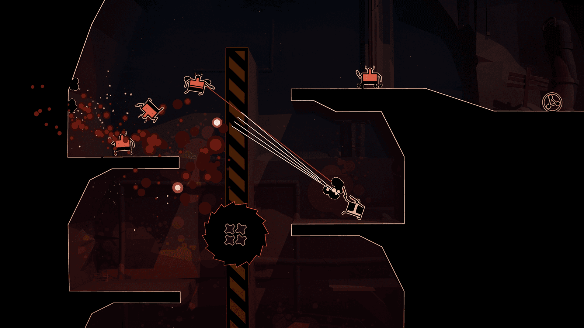 Screenshot of Shotgun Cop Man using both his guns to shoot at a group of 3 devilspawn, one of which is flying, blowing them up into splatters of red blood