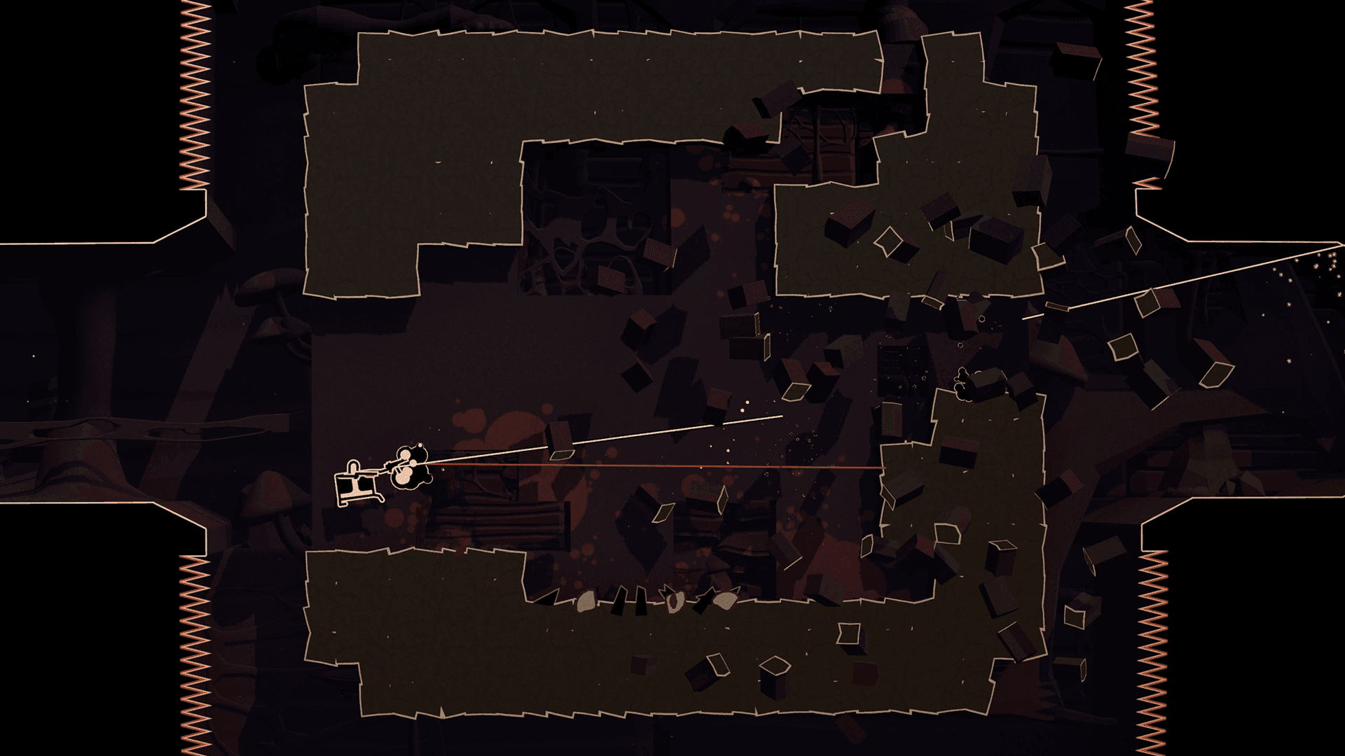 Screenshot of Shotgun Cop Man using both of his guns to shoot through obstacles and clear a way forward