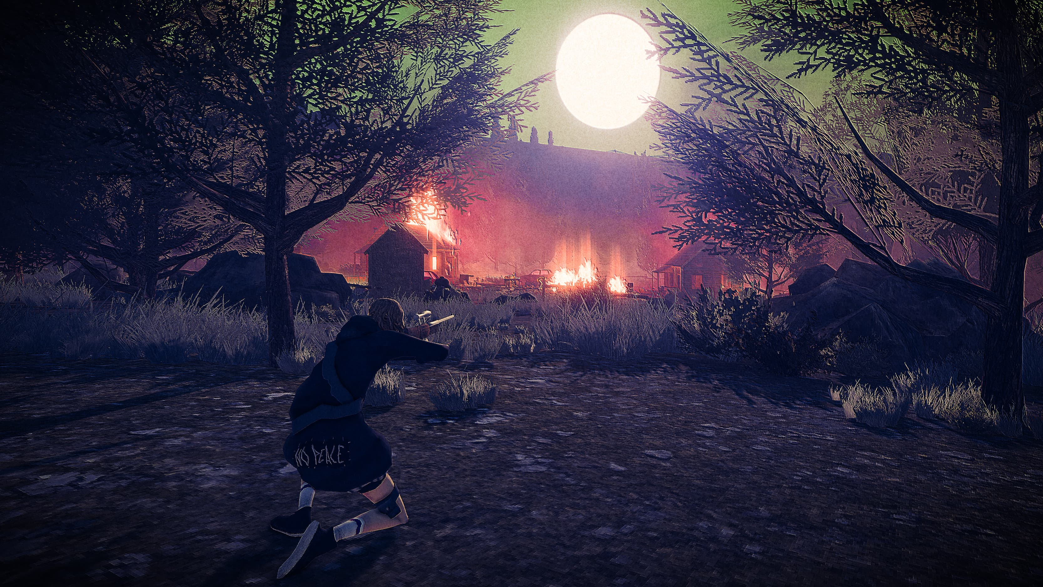 Children of the Sun screenshot of THE GIRL aiming her rifle towards a collection of structures that are on fire